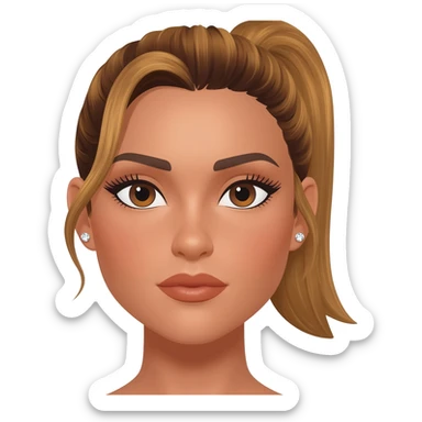 brunette with golden brown hair with dark brown roots in a high ponytail, dark brown eyes, medium brown eyelash color, full lips, small button nose, fair skinned like of olive color, with full eye lashes, diamond earring studs sticker