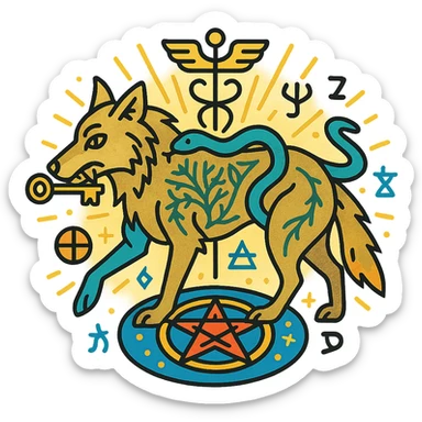 icon-style logo for 'الذيب المترنح' featuring a staggering wolf with uneven steps, key in its mouth symbolizing Gnosticism, serpent coiled around its body, Tree of Life subtly integrated into fur or background representing Kabbalah, faint caduceus staff behind the wolf for Hermetic philosophy, magic circle with pentagram beneath its paws for occult science, palette of gold silver bright blue green red orange with glowing shiny high contrast effects, wolf surrounded by radiant light, subtle Hebrew letters and esoteric symbols, clean lines, balanced, vector-friendly for all sizes and backgrounds sticker