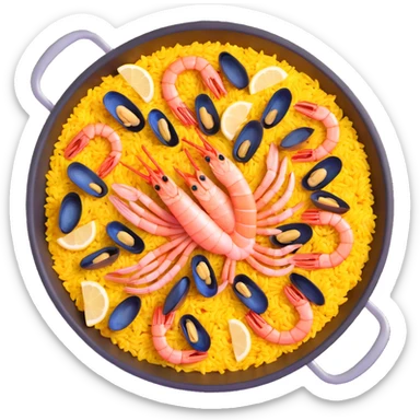 traditional Spanish seafood paella with shrimp, clams, mussels, saffron rice in a paella pan sticker