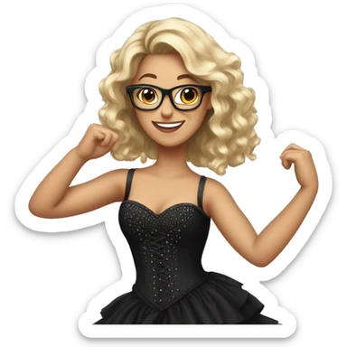 Girl with shoulder length hair and glasses wearing a long black dress with a rhinestone coveted corset top dancing sticker