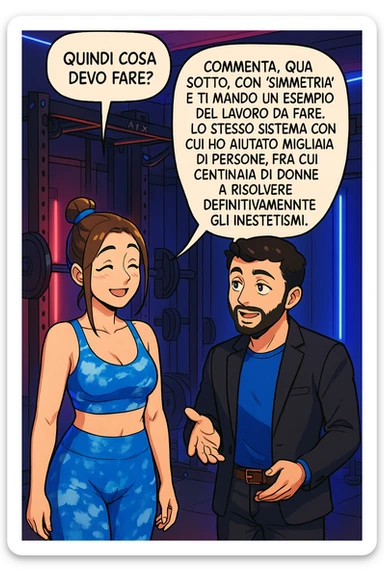 TRASFORMA QUESTO CAROSELLO IN UN FUMETTO STILE WEBTOON/MANGA A COLORI CON QUESTE DUE PERSONE IDENTICHE CHE INTERLOQUISCONO TRA LORO, LA DONNA SEMBRA SOLLEVATA/SODDISFATTA E CONTENTA:

LEI (DONNA): Quindi cosa devo fare?
LUI (UOMO): Commenta, qua sotto, con “simmetria” e ti mando un esempio del lavoro da fare. Lo stesso sistema con cui ho aiutato migliaia di persone, fra cui centinaia di donne a risolvere definitivamente gli inestetismi. sticker