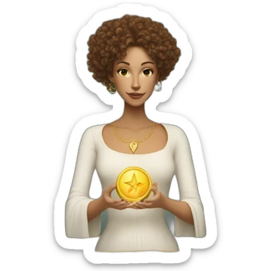 white woman with brown curls and a tarot card with gold star on it sticker