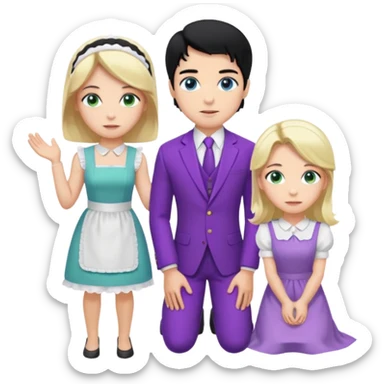 Prince, standing, black hair, blue eyes, and maid, blonde Hair, green eyes, white short sleveless dress, kneeling  sticker