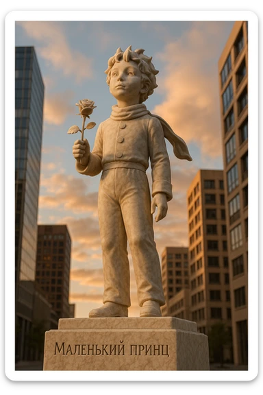 Full-length marble sculpture of the Little Prince holding a rose, set in a modern city. The pedestal is engraved with 'Маленький принц'. Ultra-realistic, sunset, view from below. sticker