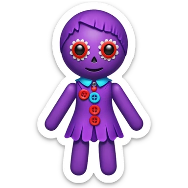 A colorful voodoo doll with bright fabrics in purple, red, and blue, with decorative buttons and pins sticking out sticker