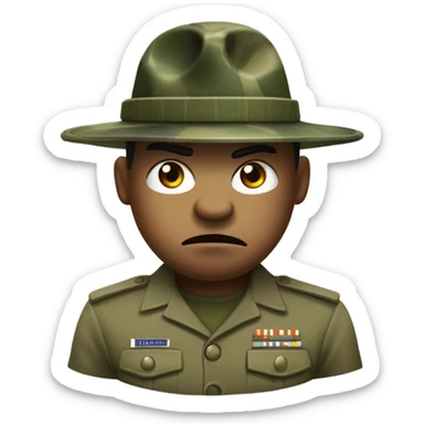 drill sergeant character wearing a classic sergeant hat and a camouflage army shirt. The character should have an angry intense expression. full torso sticker
