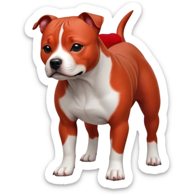 cinematic-[Staffordshire bull terrier]-realistic-full-body-standing-emoji,-tail-resting-loosely-beside-its-paws,-head-tilted-dramatically, -sleek-[red and white]-fur,-simplified-yet-realistic-focused-features,-highly-detailed,-glowing-with-an-almost-sarcastic-glow sticker