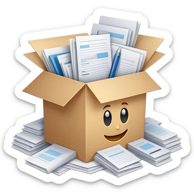 a huge box bursting with a lot of documents and papers sticker