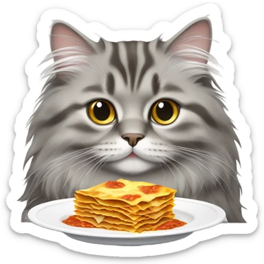 Gray, Siberian cat eating lasagna sticker
