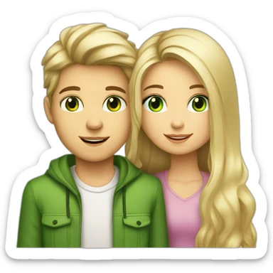 a blond boy with brown-green eyes kisses a brunette girl with long straight hair and bright green eyes on the cheek sticker