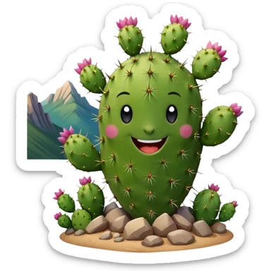 smiling prickly pear cactus with mountains in background sticker