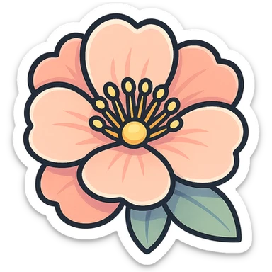 cute peach flower, icon-color-outlined style, more volumetric and detailed, detailed petals, smooth color transitions, shadows and highlights, thin clean contours, soft rounded shapes, pastel palette #98B5BC, #B5B3C1, #C9A3C9, #E4C0CA, #F7DCD1, #F7C0AA, modern Japanese pop art and sticker aesthetics, soft lighting, transparent background sticker