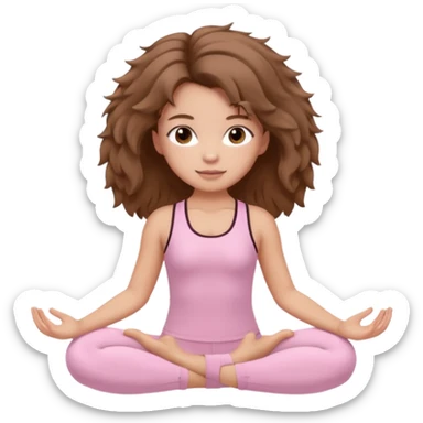 brown hair girl wearing light pink pilates clothes, fluffy medium hair and brown eyes sticker