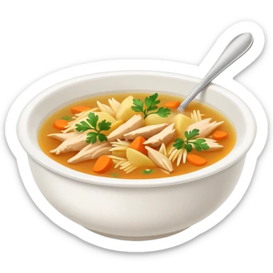 Mexican chicken broth (consomé de pollo): warm golden soup with shredded chicken, carrot, potato, and cilantro in a simple bowl sticker