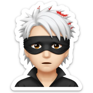 a person with a blinfold covering their eyes and spiky white hair sticker