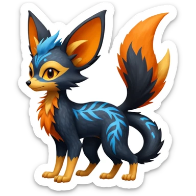 Lykoi-Fennekin-Electrike-Luxray-fusion-hybrid-animal-Fakémon-creature, full body, thin long sleek scaly tail, intricate markings sticker