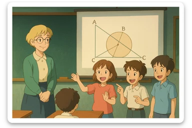 Clase de geometría: profesora rubia de pelo corto y gafas redondas, tres alumnos explican una diapositiva, ambiente alegre, estilo ghibli sticker