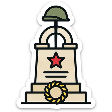 stylized war monument in Malta, clean lines, sober colors, military iconography, light background sticker