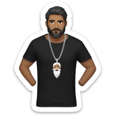 A white Indian man with beard wearing men silver chain,styled on a black Full sleeve tshirt sticker