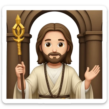 Jesus Christ with a raised whip in a temple, emoji style sticker