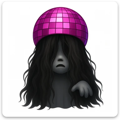 Turn the girl with pink disco ball into a ghost, using the reference photo for ghostly hair and pose, keep the disco ball pink, in the style of emoji style. sticker
