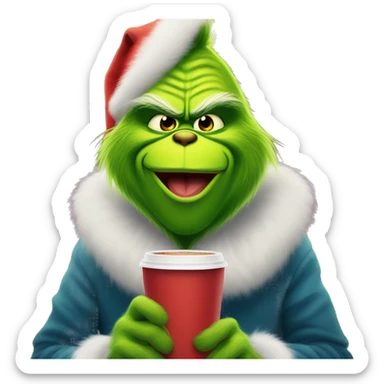 grinch drinking coffee under christmas lights  sticker