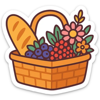 picnic basket with berries, bread, and flowers in warm pastel shades, vibrant-toon style sticker