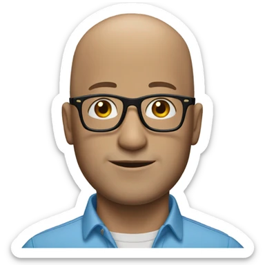 bald man in blue shirt black glasses sticker