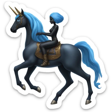 a blue amazon alien woman on a black unicorn sticker