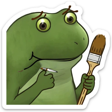 with brown afro, holding up a paint brush sticker