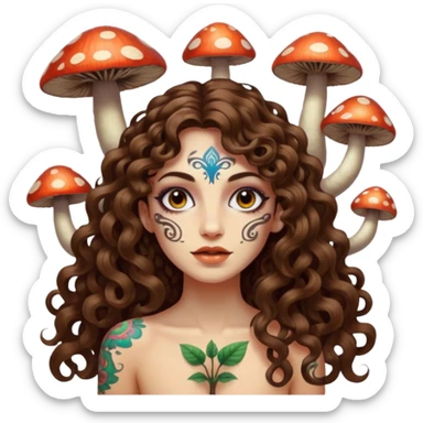 woman with long curly brown hair, brown eyes, white skin, tattoos, psychedelic mushrooms growing from her shadow sticker