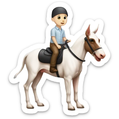 A bald, white skin, newborn baby boy riding a Doberman like a horse sticker