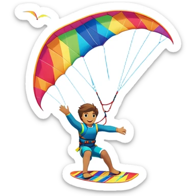 A vibrant kite soaring high in the sky, attached to a kiteboarder riding the waves below. The scene is filled with bright colors, capturing the energy of the sport. The background features the ocean, wind-blown waves, and a clear sky, showcasing the excitement and freedom of kiting. sticker