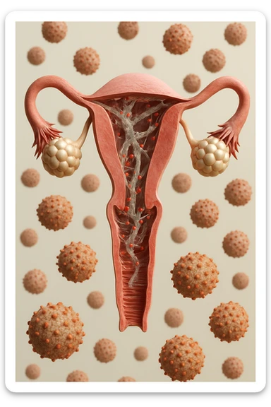 utero umano realistico con batteri della candida intorno, la foto si deve vedere per intero in formato verticale, sullo sfondo neutro chiaro ci sono batteri della candida, iperrealistico 4k sticker