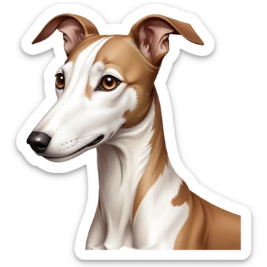 Cinematic Noble White and Brown Greyhound Portrait Emoji, Poised and regal, with a slender, aerodynamic build and a sleek Fur of pristine white accented by warm brown markings, deep-set soulful eyes, Simplified yet sharp and sophisticated features, highly detailed, glowing with a soft, dignified glow, high shine, intelligent and agile, stylized with an air of elegance, focused and attentive, soft glowing outline, capturing the essence of a watchful and swift companion, so majestic it feels as though it could dash out of the screen with effortless authority! sticker