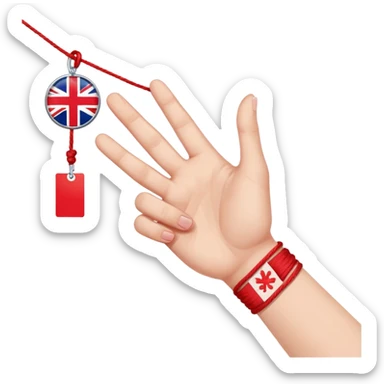 a hand with red string tied up to the pinky finger which shows a British Hong Kong flag to the red thread of fate sticker