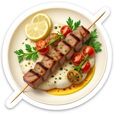 Cinematic Realistic Souvlaki Dish Emoji, showcasing skewered, grilled meat with Mediterranean spices rendered with dynamic textures and warm, appetizing lighting. sticker