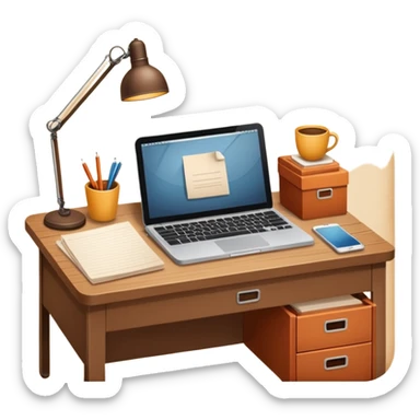 simple emoji of a cozy desk with a paper and a laptop on it sticker