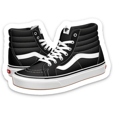 Clean minimalist iOS emoji style pair of black Vans Sk8-Hi high tops with one behind the other, simple forms, flat design, essential white stripe detail sticker