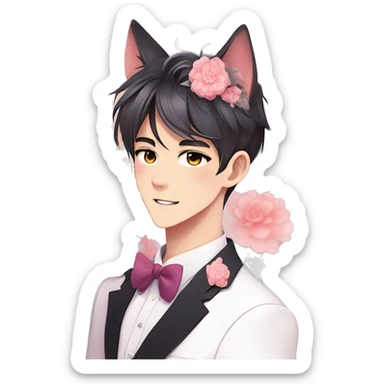 Gorgeous romantic anime style Asian formal modern gentlemanly guy with cat ears and flowers and blushing face aesthetic trending style outside with colorful gradient colors sticker
