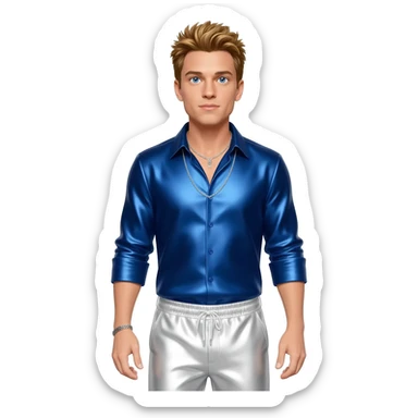 Joey McIntyre from NKOTB with blue eyes, golden brown hair, indigo metallic shirt, white metallic baggy pants, silver necklace sticker