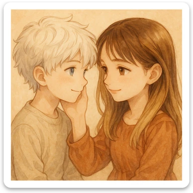 A white-haired, blue-eyed boy admiring a brunette-blonde girl with brown eyes, both with gentle expressions and a loving gaze. sticker