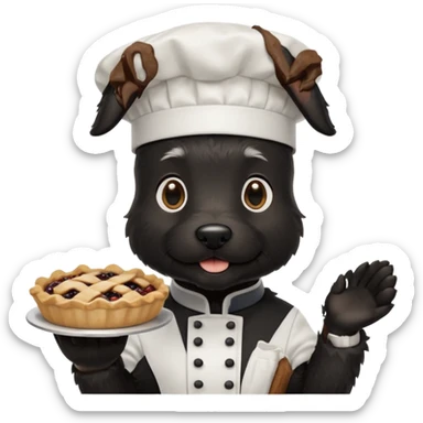Black Scottie dog wearing chef hat holding a pie sticker