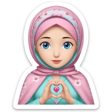 Turkish beautiful finish Konya girl blue eyes with mini cherry blossom hijab and lila mint pink dress and she make heart with hands sticker