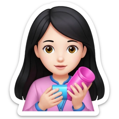 long black haired girl kid playing pink colored formula 1 toy sticker