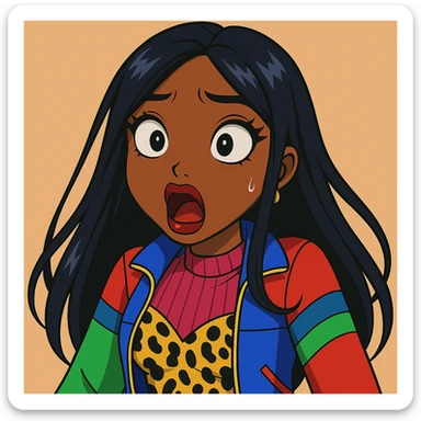 Remove any tears or crying, keep her shocked expression. Depict a 20-year-old anime Bratz style woman with dark skin, dark hair, bold colorful fashion-forward look, big expressive eyes, and glossy lips. sticker