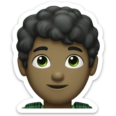 A light boy with black hair wearing a white T-shirt with a black plaid shirt over it with green eyes sticker
