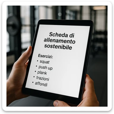 Edit the image to remove the 'Consigli' section from the text on the tablet. Keep only the text: 'Scheda di allenamento sostenibile', 'Esercizi: squat, push up, plank, trazioni, affondi'. The sustainability refers to the training path, not eco-friendly elements. Maintain a hyperrealistic style, 4K resolution, modern gym setting. sticker