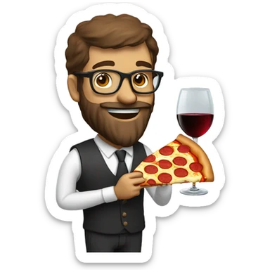 Man with glasses and beard eating pizza and drinking red wine sticker