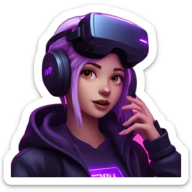 Russian girl wearing a black hoodie with "OMG" letters on it and VR headset in a cyberpunk VR environment with violet neon lighting. sticker